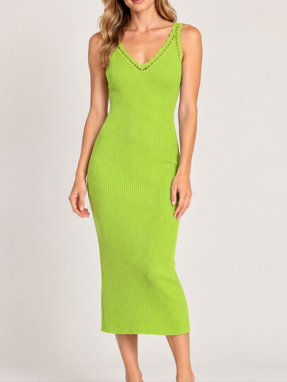 House of Harlow 1960 Lime Green Ribbed Knit Midi Dress XS